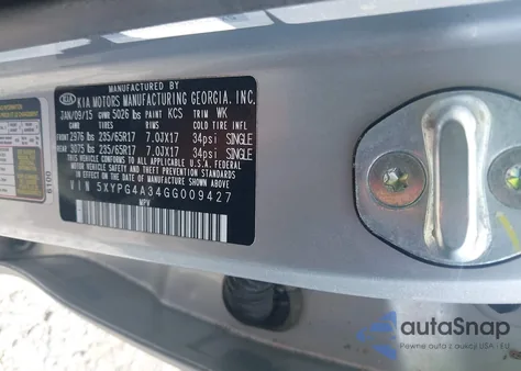 2016 Kia Sorento 2.4L Lx из США, поврежденный, VIN 5XYPG4A34GG009427